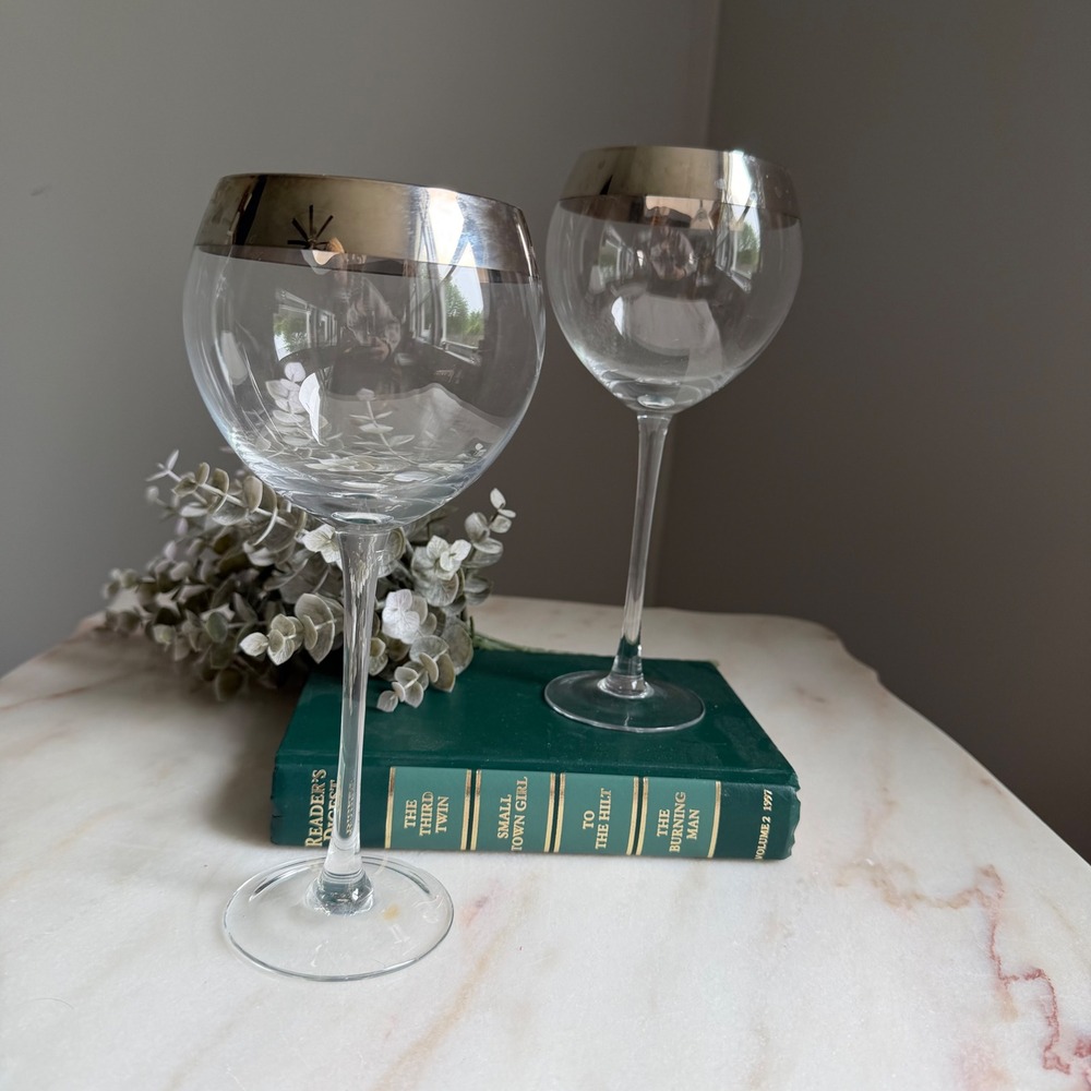 Vintage Silver Rim Balloon Wine Glasses Set of 2 Large Clear Glass Goblets 9in